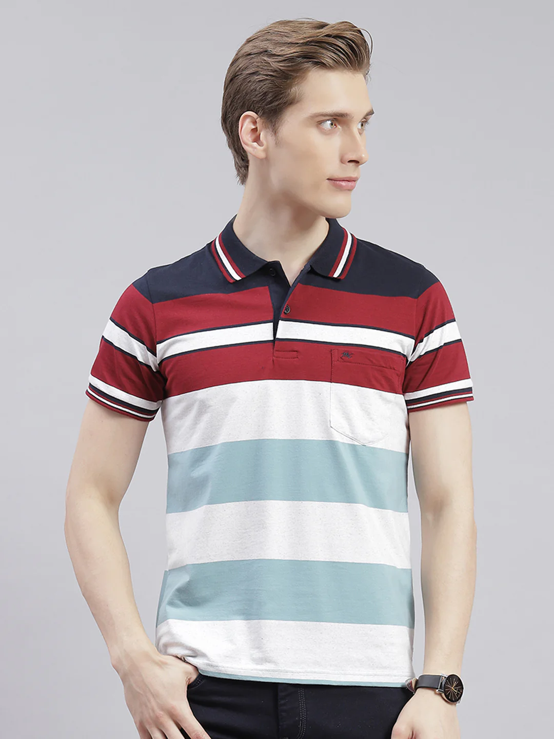 Men Maroon Stripe Collar Half Sleeve T-Shirts - Image 2