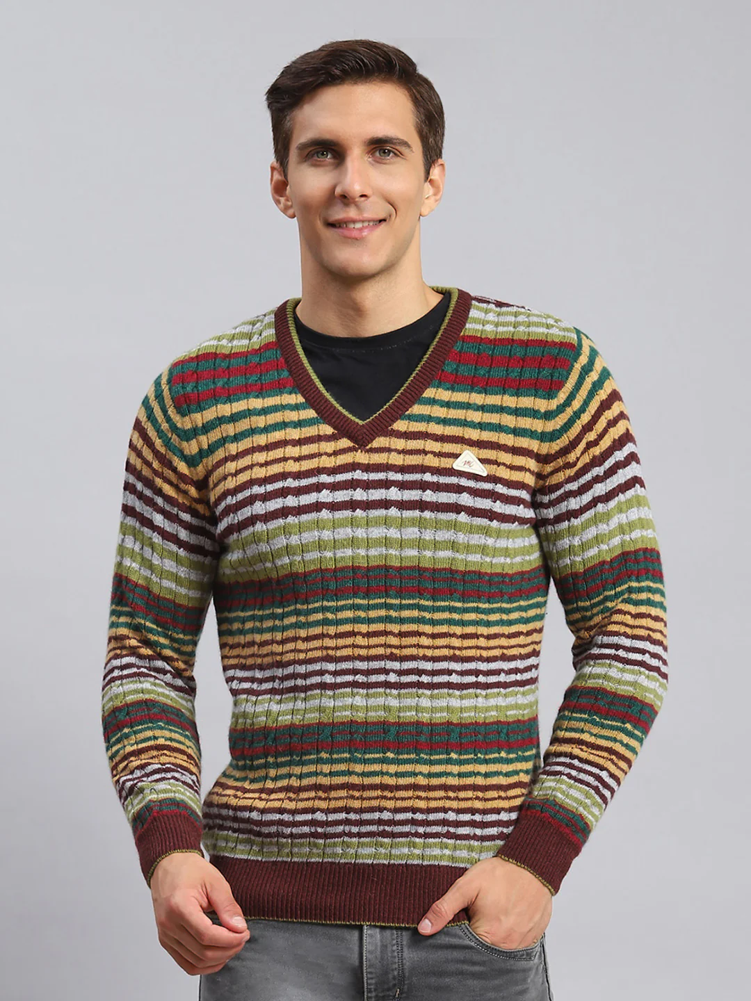Men Maroon Stripe Lamb wool Pullover - Image 2