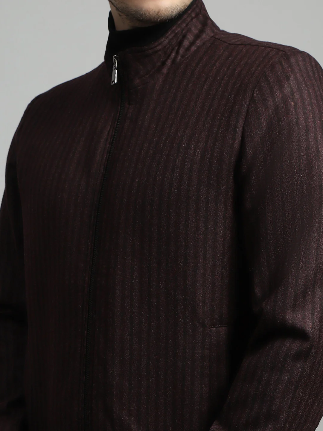 Luxuria Men Maroon Stripe Mock Neck Full Sleeve Coat - Image 7