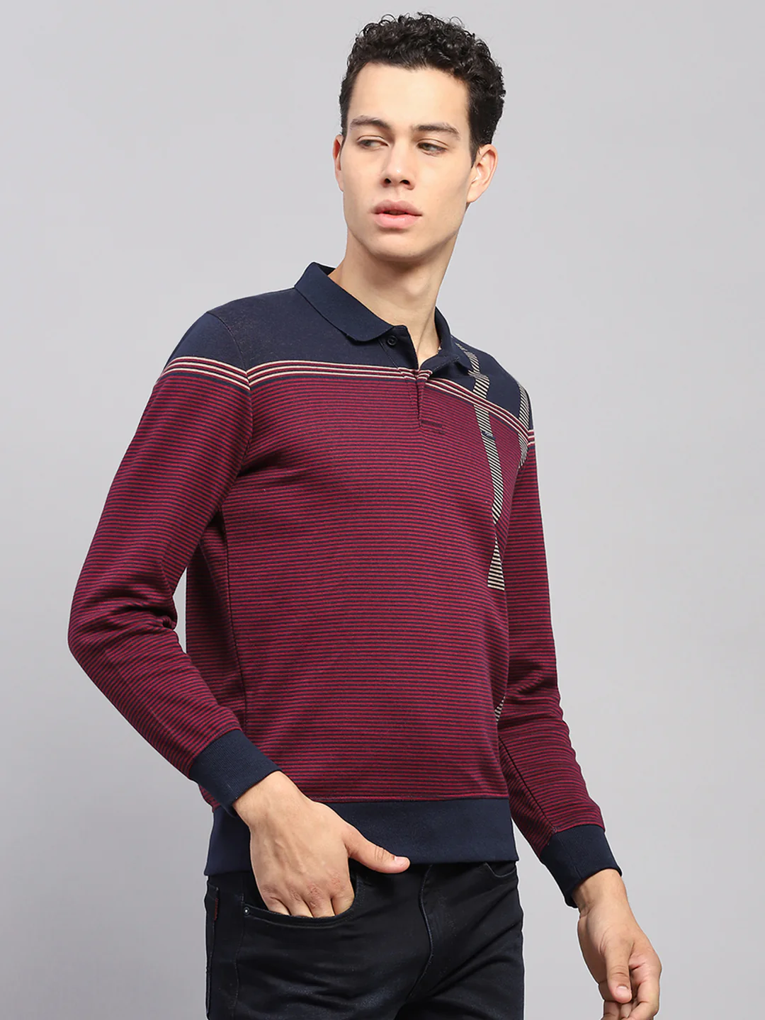 Men Maroon Stripe Polo Collar Full Sleeve Sweatshirt - Image 4