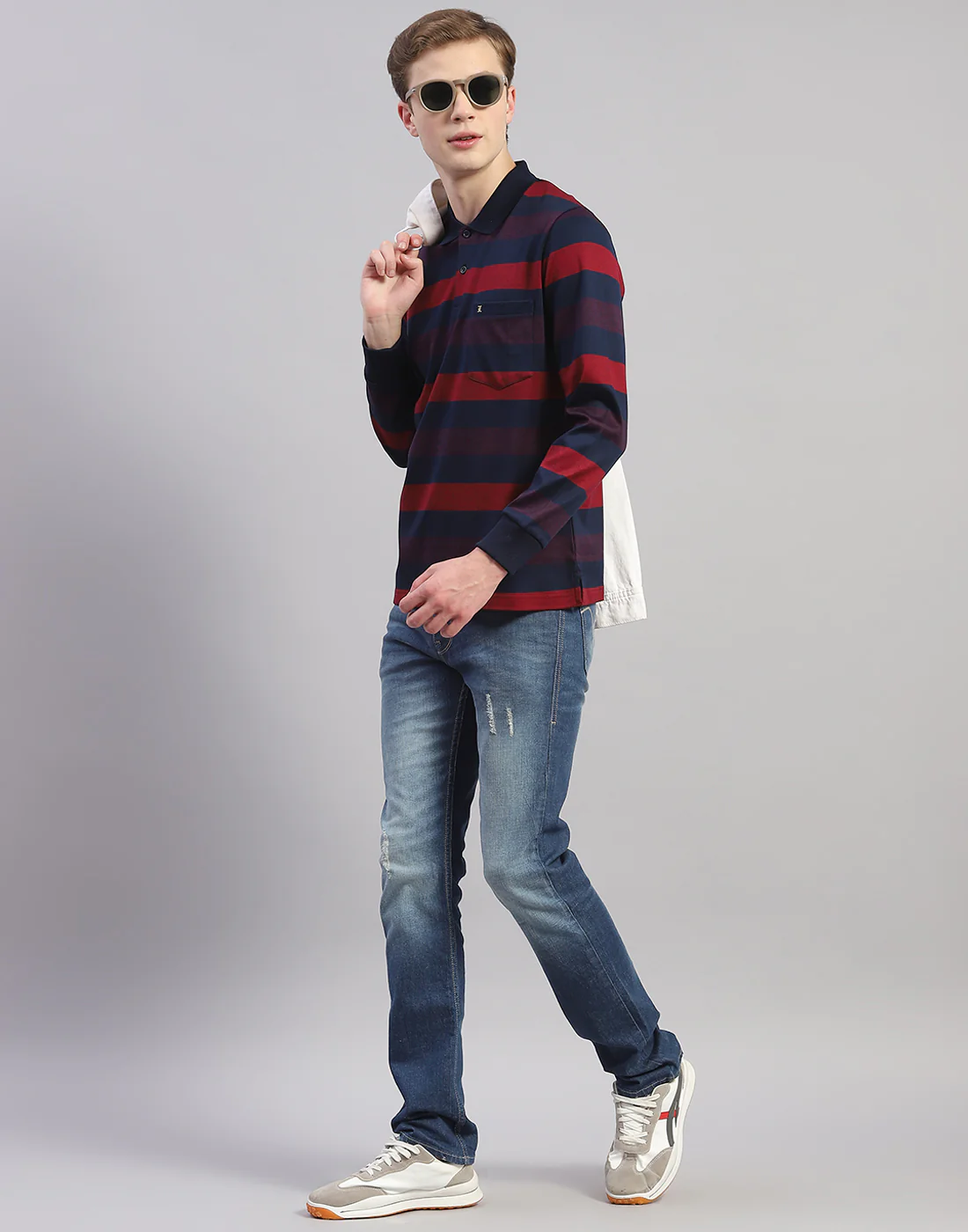 Men Maroon Stripe Polo Collar Full Sleeve T-Shirt - Image 2