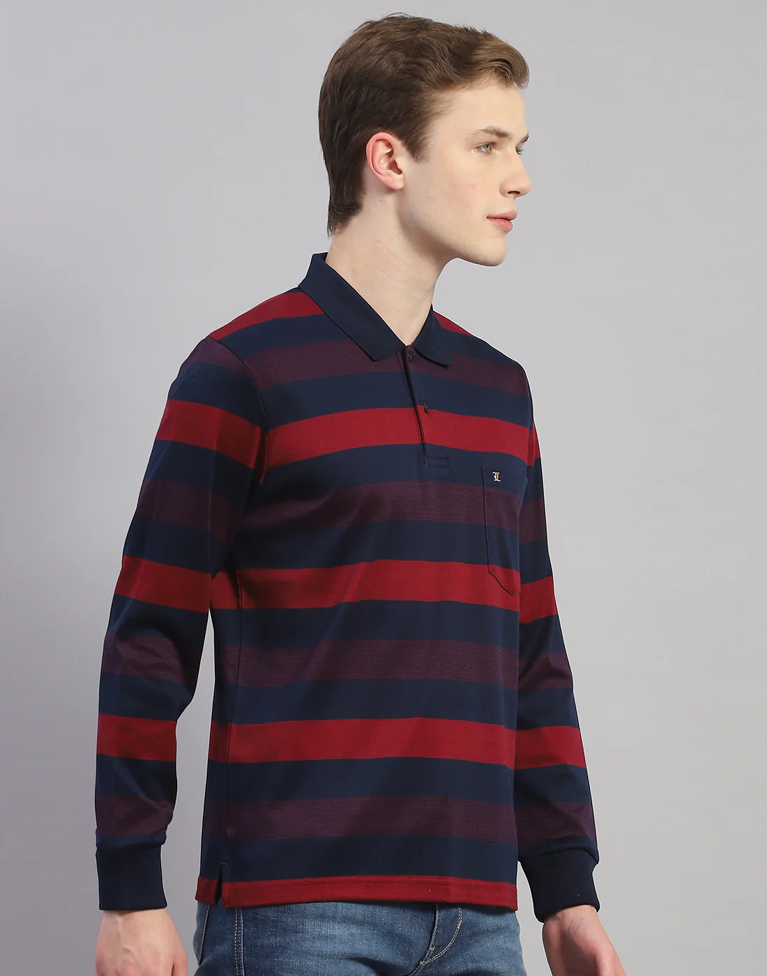 Men Maroon Stripe Polo Collar Full Sleeve T-Shirt - Image 4
