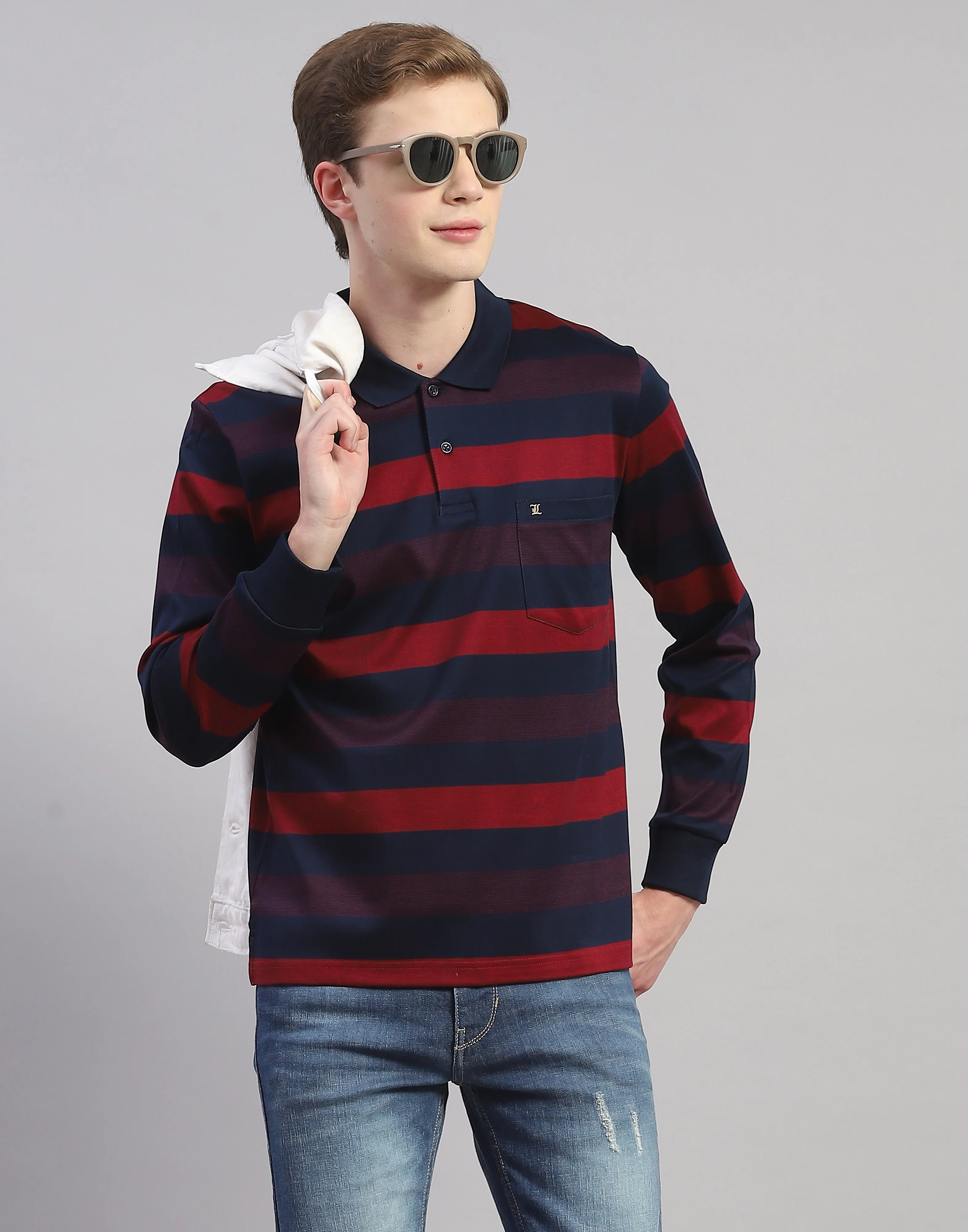 Men Maroon Stripe Polo Collar Full Sleeve T-Shirt - Image 6