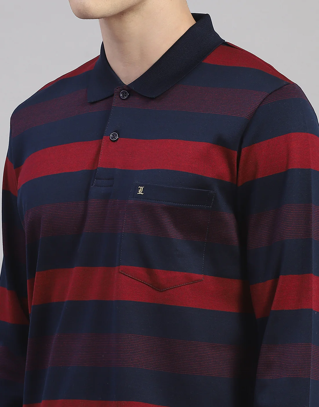 Men Maroon Stripe Polo Collar Full Sleeve T-Shirt - Image 7