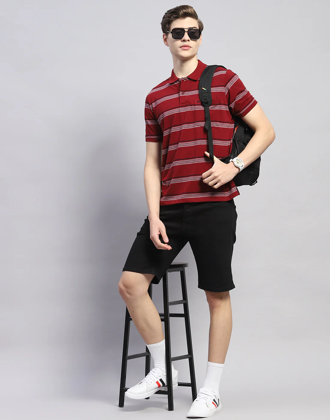 Men Maroon Stripe Polo Collar Half Sleeve T-Shirt - Image 2