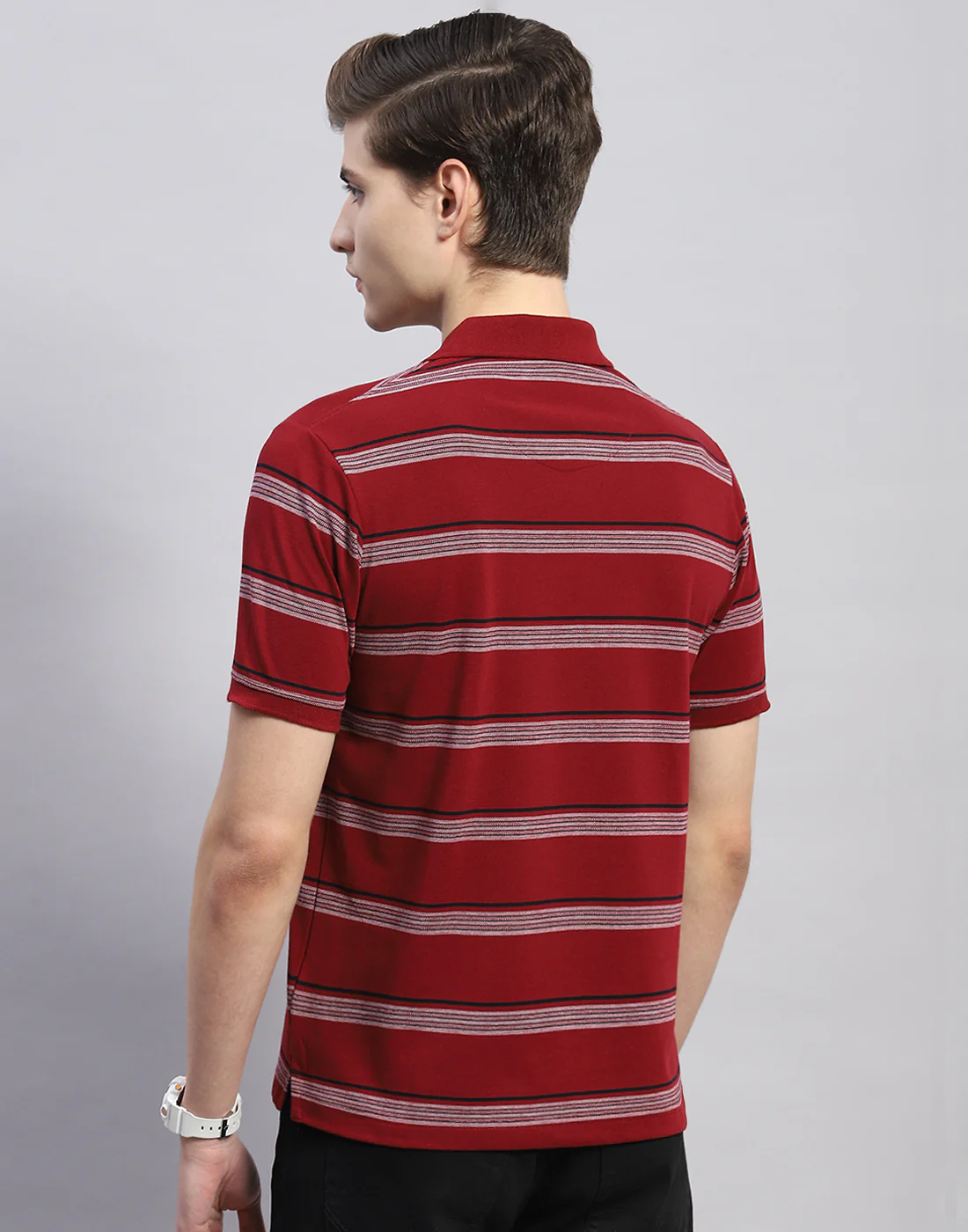 Men Maroon Stripe Polo Collar Half Sleeve T-Shirt - Image 5