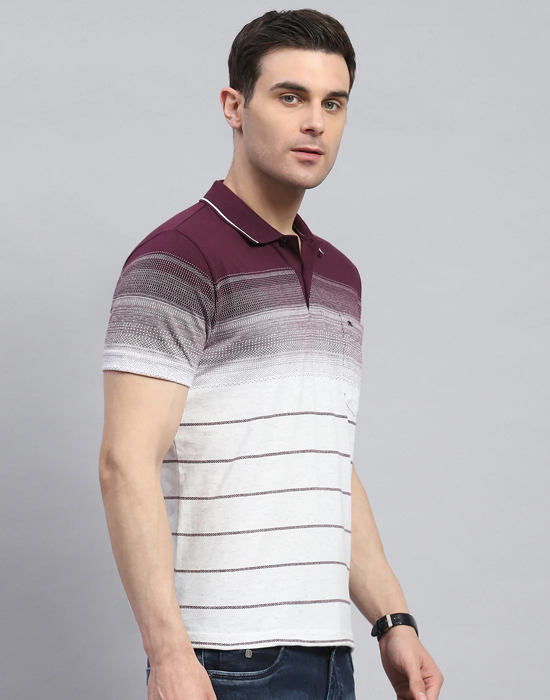 Men Maroon Stripe Polo Collar Half Sleeve T-Shirt - Image 5