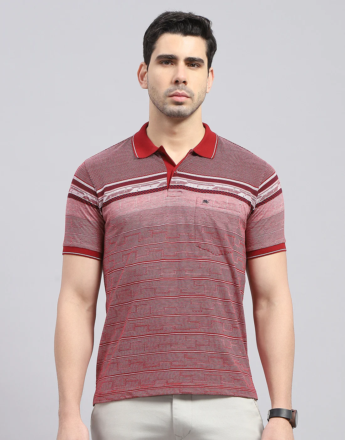 Men Maroon Stripe Polo Collar Half Sleeve T-Shirt - Image 3
