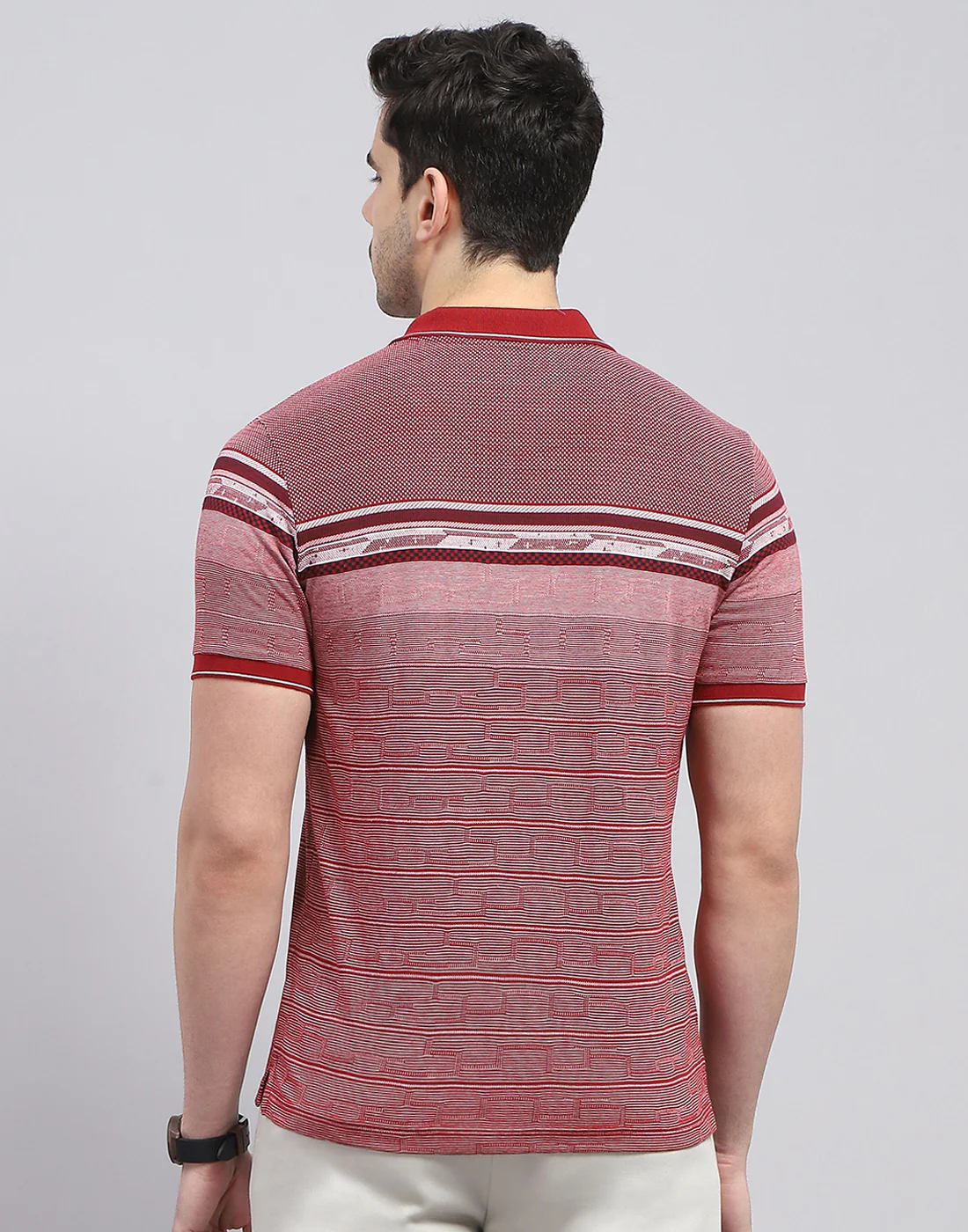 Men Maroon Stripe Polo Collar Half Sleeve T-Shirt - Image 6