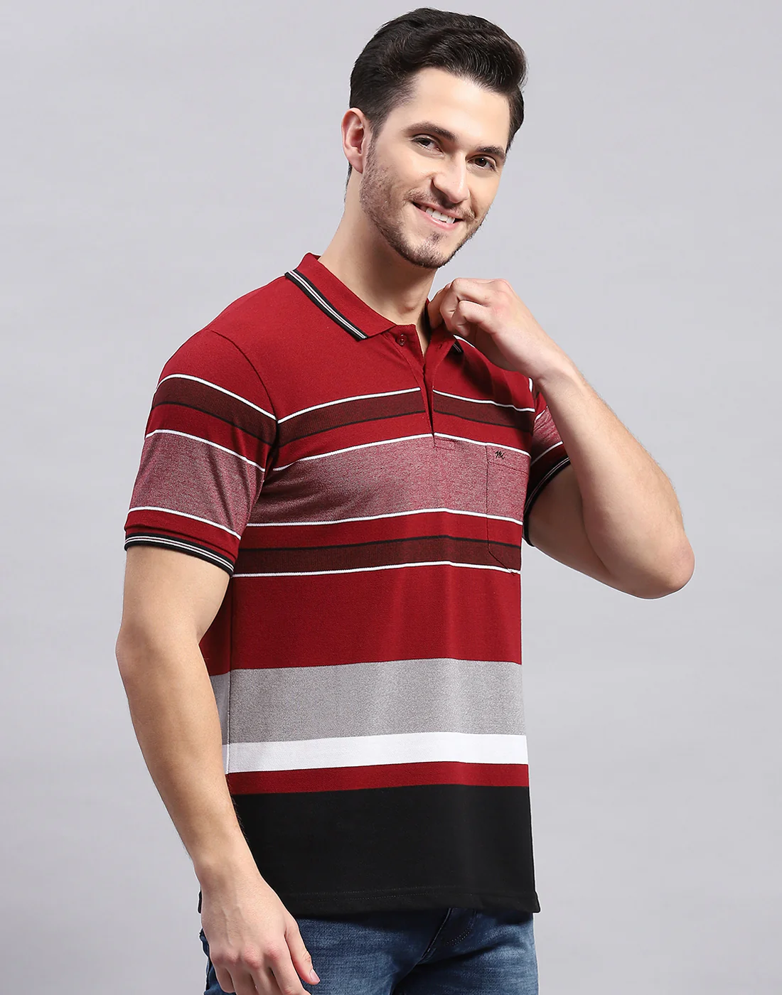 Men Maroon Stripe Polo Collar Half Sleeve T-Shirt - Image 5