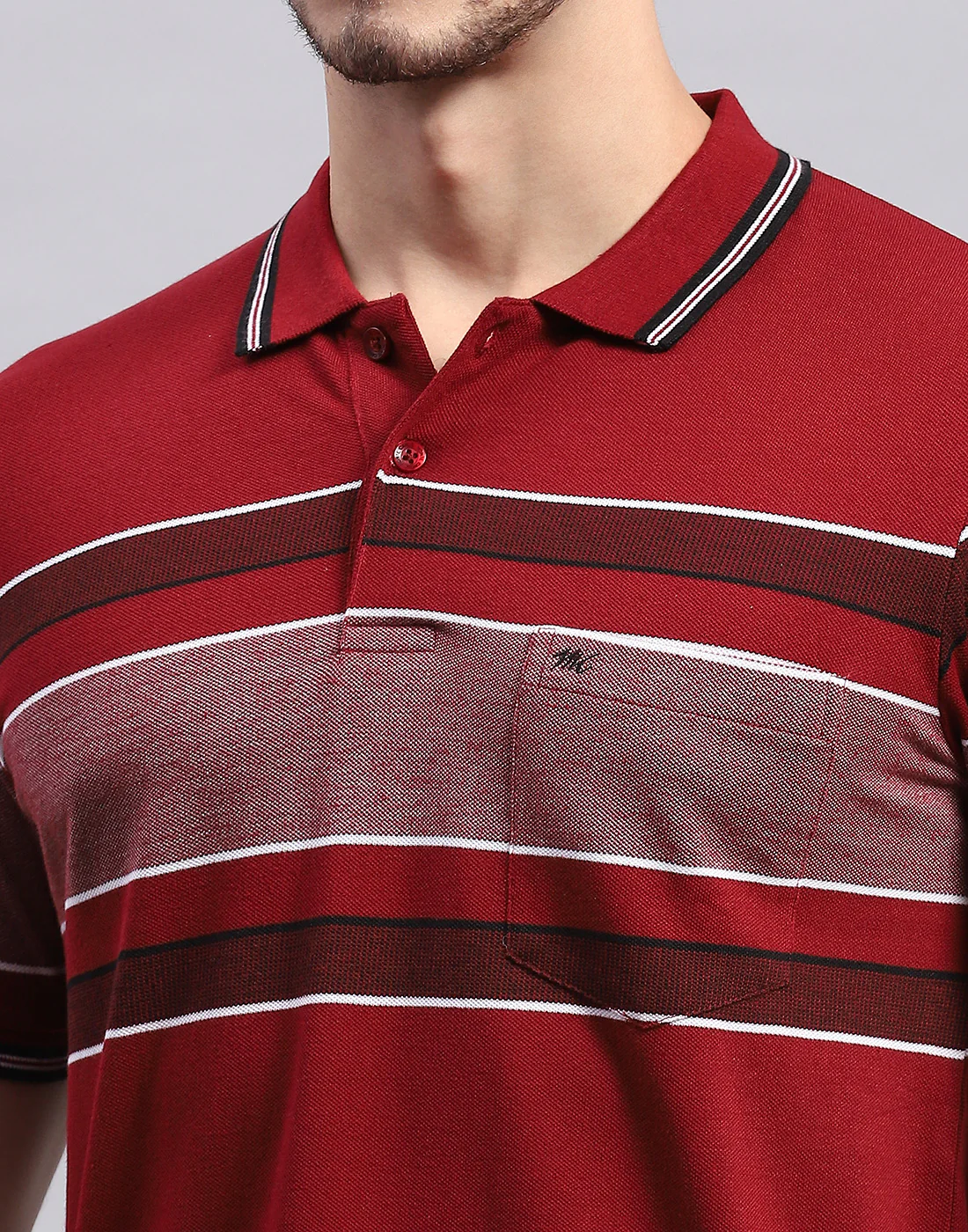 Men Maroon Stripe Polo Collar Half Sleeve T-Shirt - Image 7