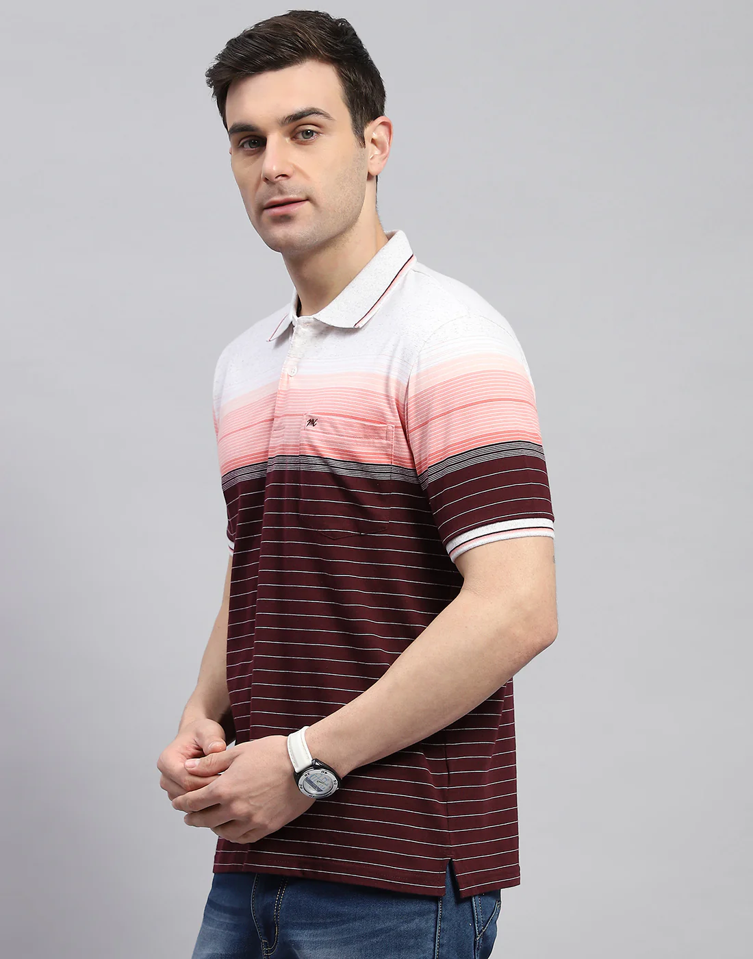 Men Maroon Stripe Polo Collar Half Sleeve T-Shirt - Image 3