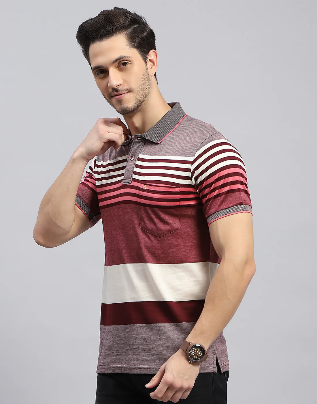 Men Maroon Stripe Polo Collar Half Sleeve T-Shirt - Image 3