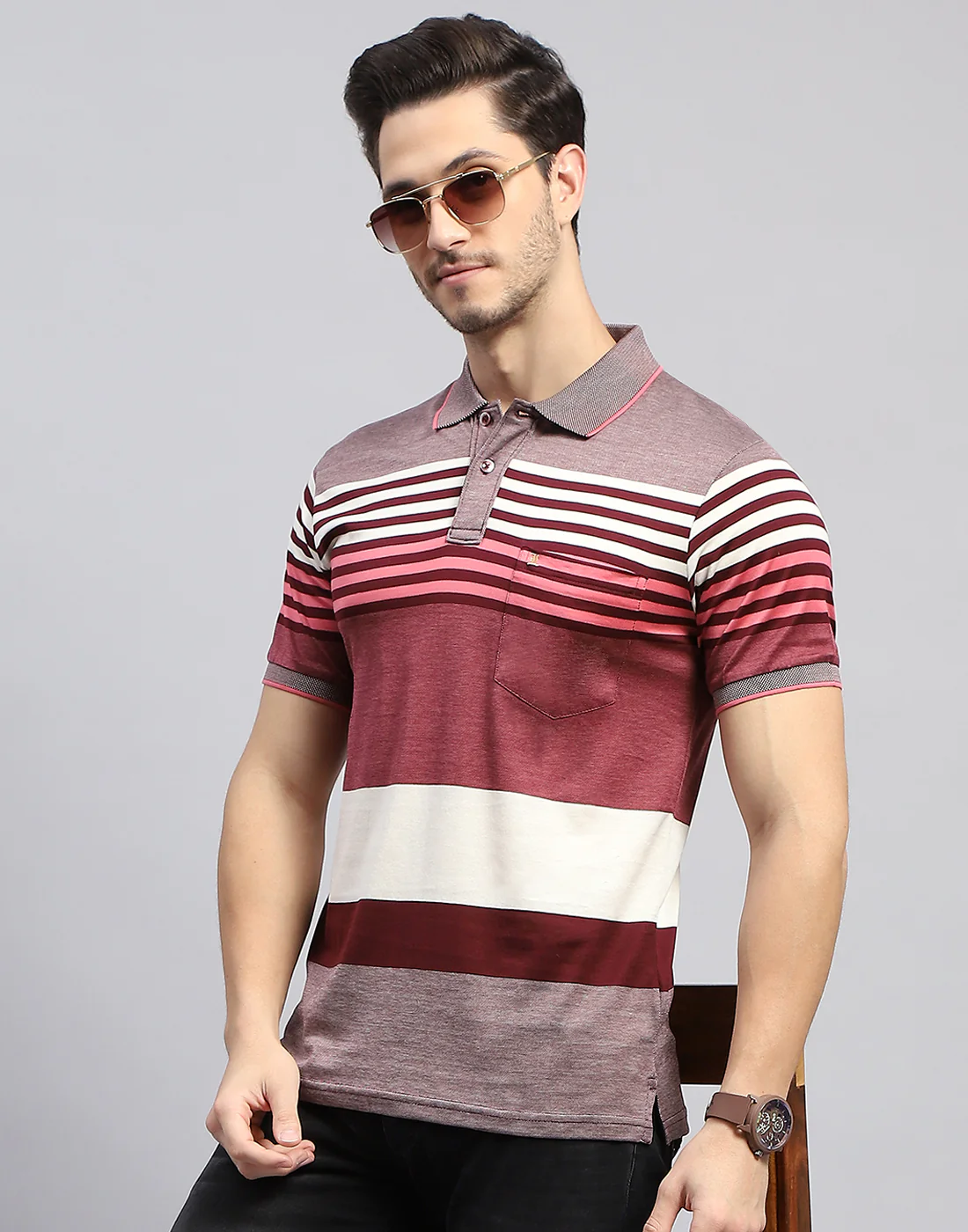 Men Maroon Stripe Polo Collar Half Sleeve T-Shirt - Image 6