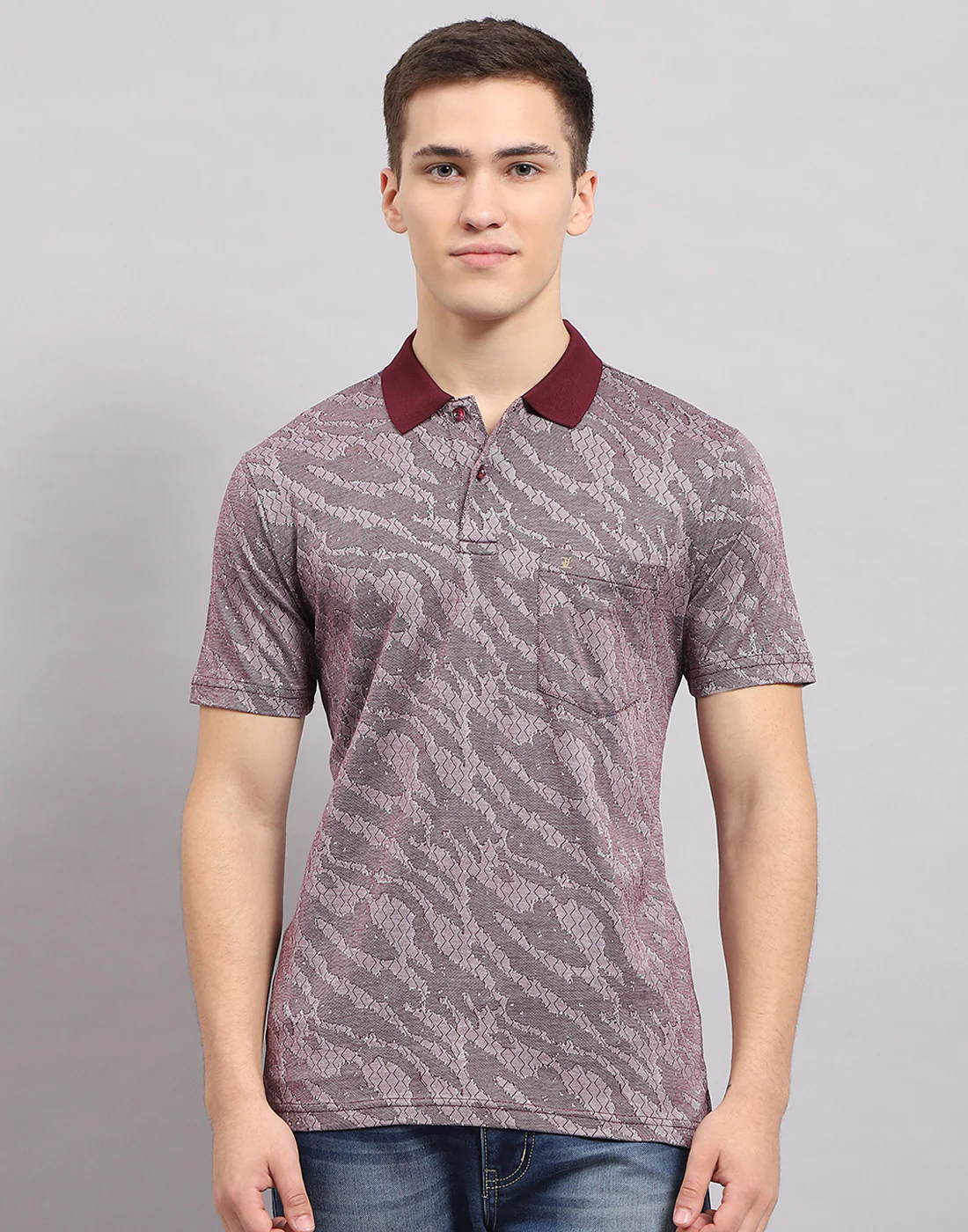 Men Maroon Stripe Polo Collar Half Sleeve T-Shirt - Image 2