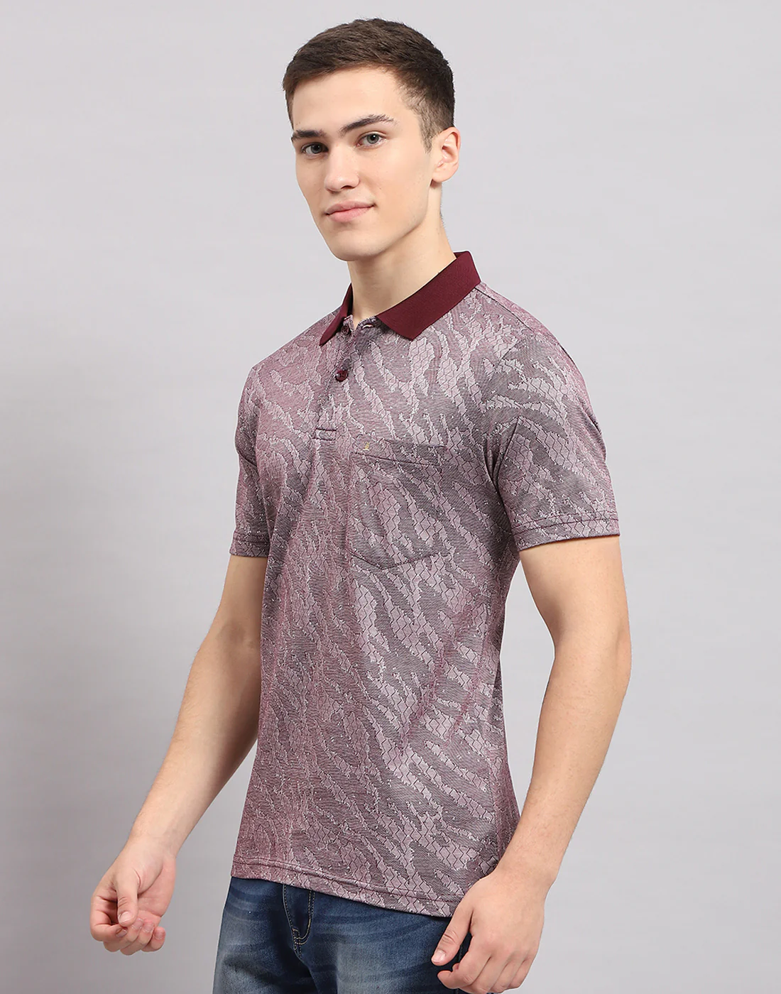 Men Maroon Stripe Polo Collar Half Sleeve T-Shirt - Image 3