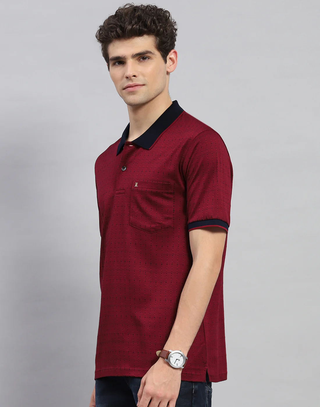 Men Maroon Stripe Polo Collar Half Sleeve T-Shirt - Image 3