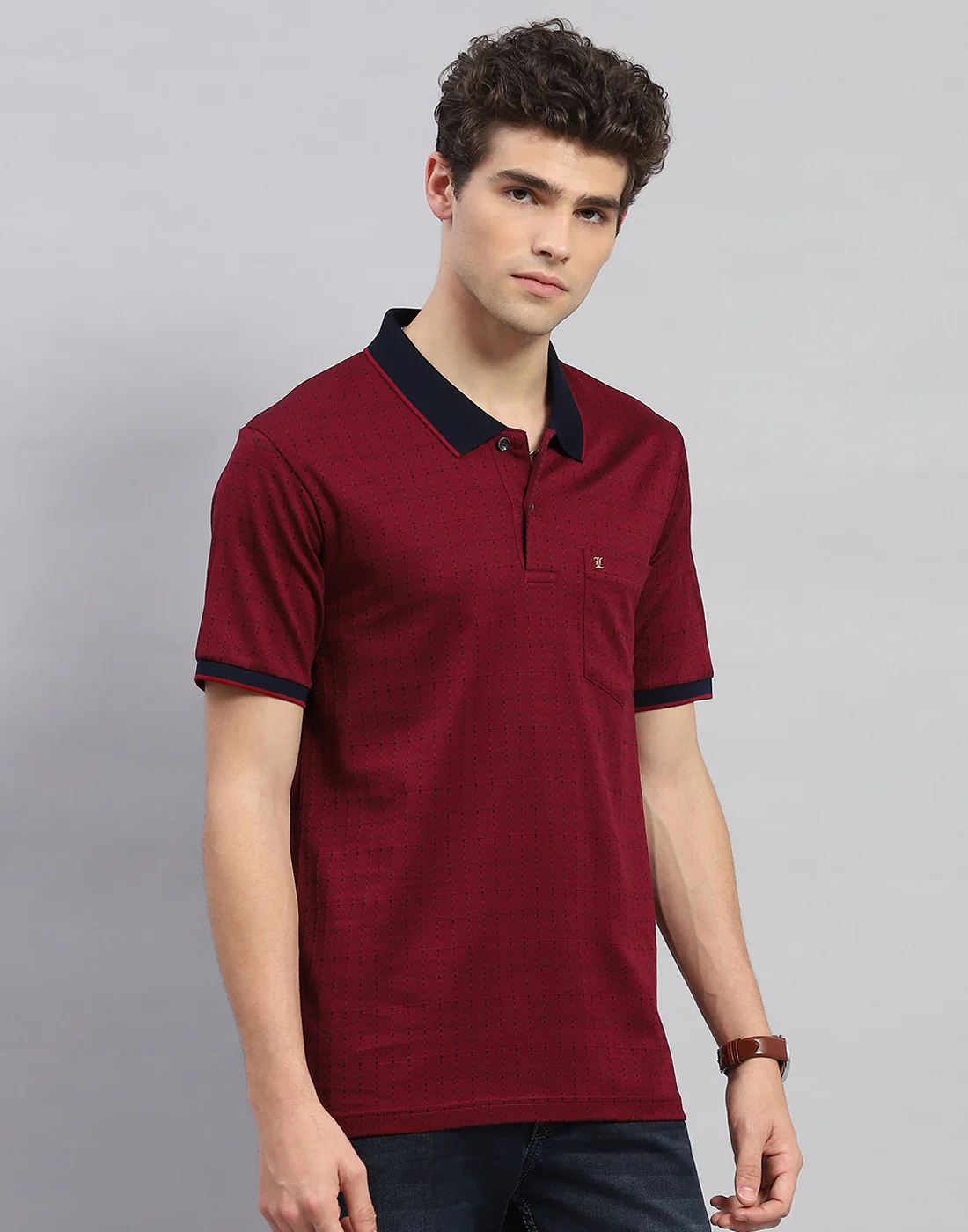 Men Maroon Stripe Polo Collar Half Sleeve T-Shirt - Image 4