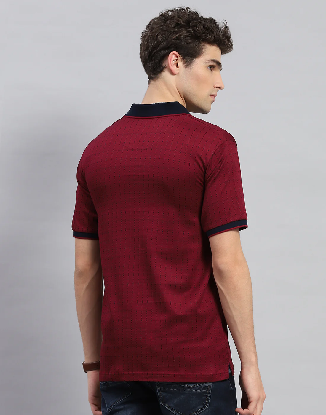 Men Maroon Stripe Polo Collar Half Sleeve T-Shirt - Image 5