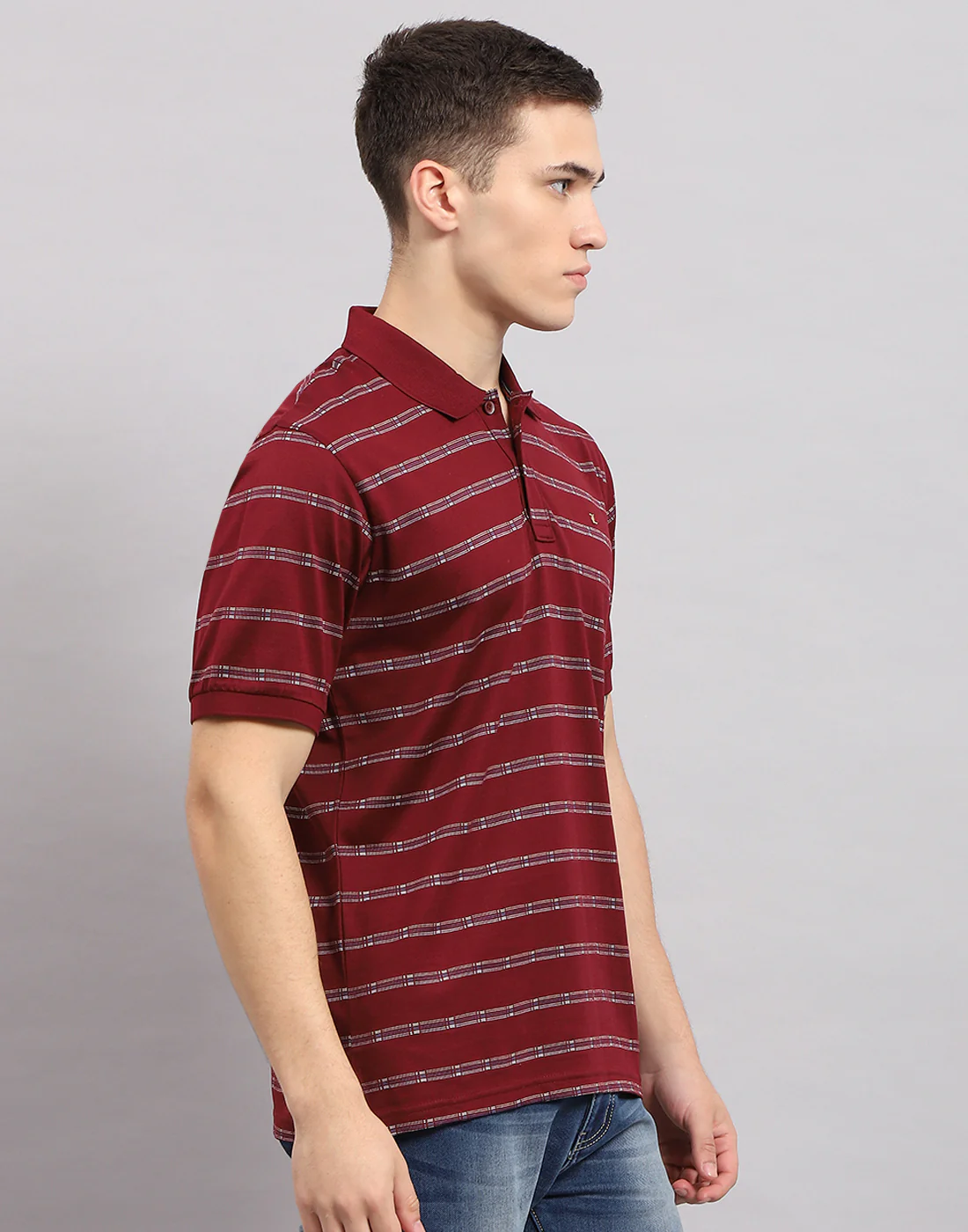 Men Maroon Stripe Polo Collar Half Sleeve T-Shirt - Image 4