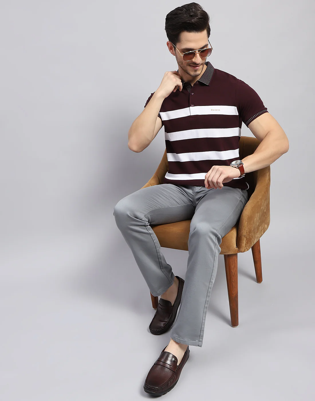Men Maroon Stripe Polo Collar Half Sleeve T-Shirt - Image 2