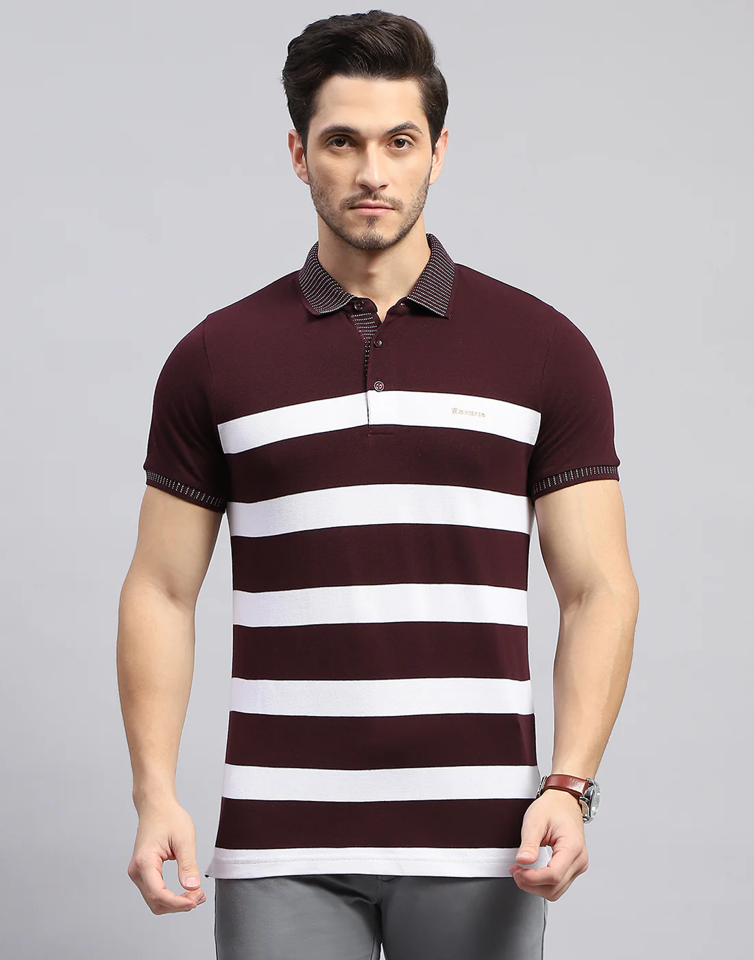 Men Maroon Stripe Polo Collar Half Sleeve T-Shirt - Image 3