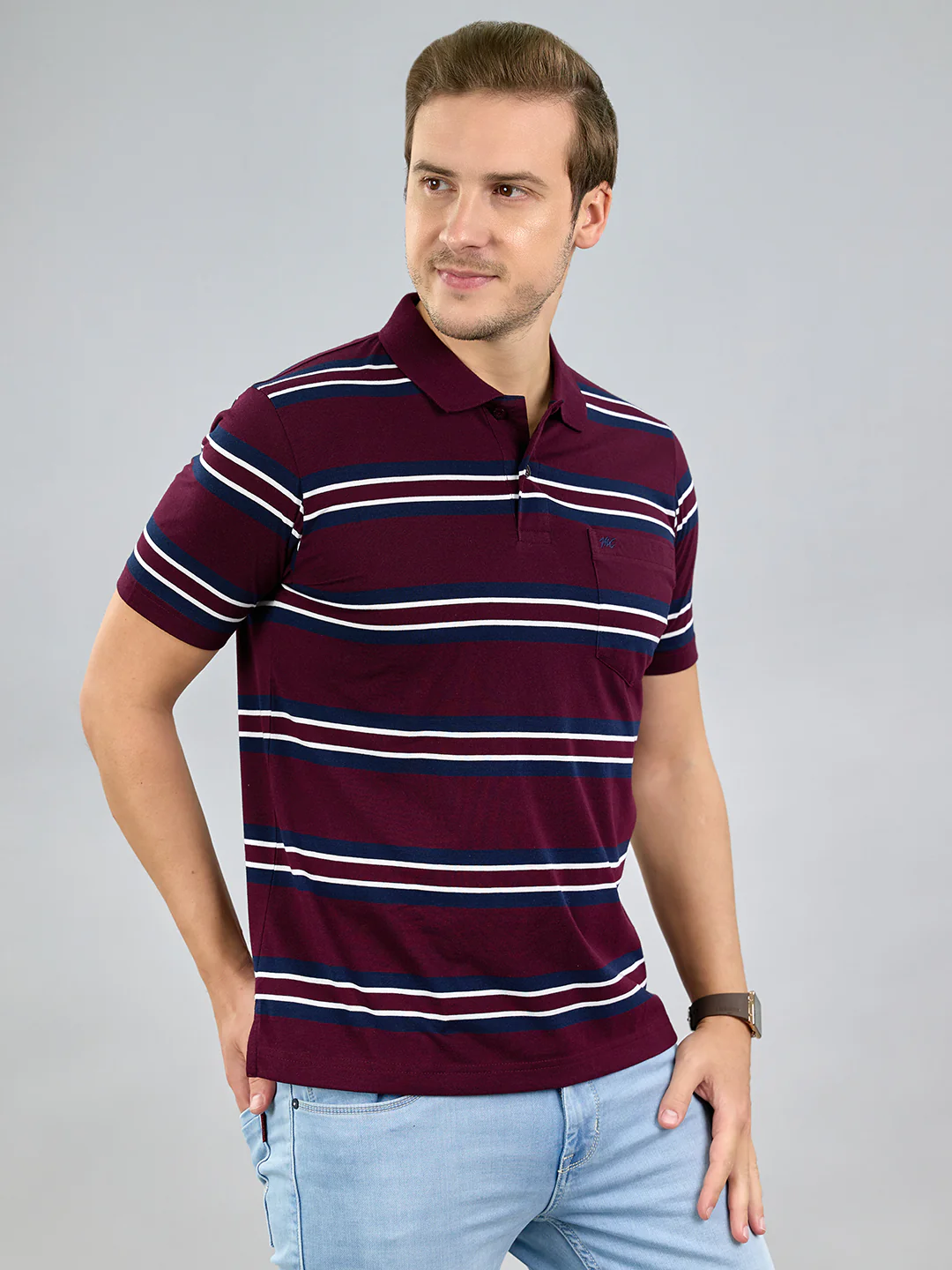 Men Maroon Stripe Polo Collar Half Sleeve T-Shirt - Image 3