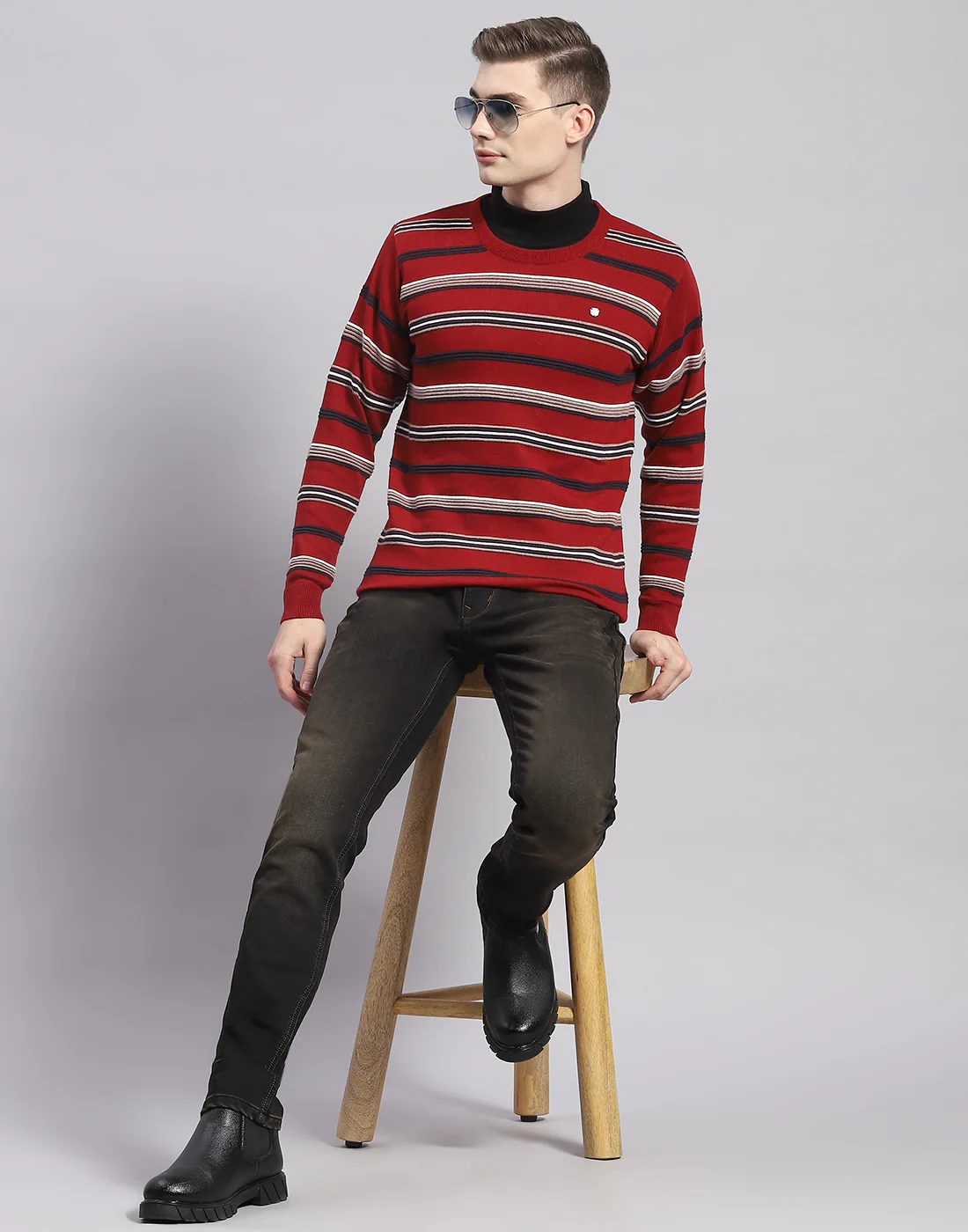 Men Maroon Stripe Round Neck Full Sleeve Pullover - Image 2