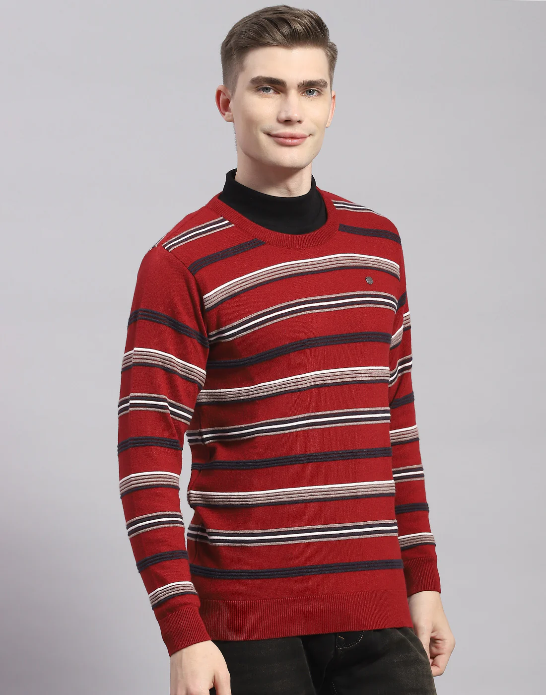 Men Maroon Stripe Round Neck Full Sleeve Pullover - Image 4