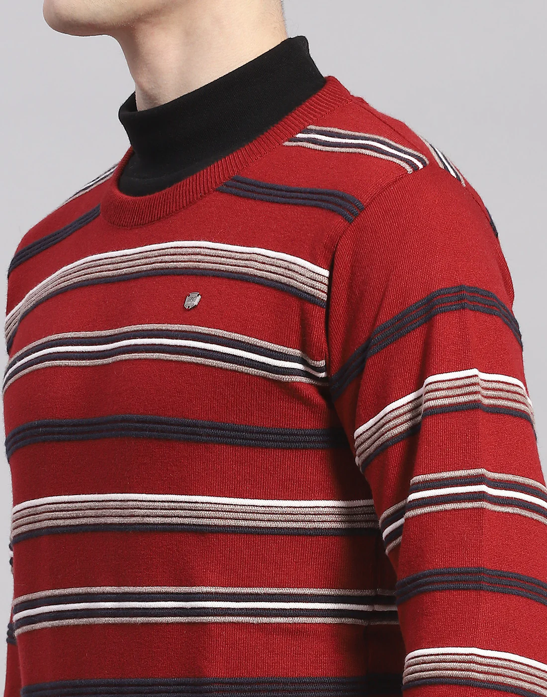Men Maroon Stripe Round Neck Full Sleeve Pullover - Image 6