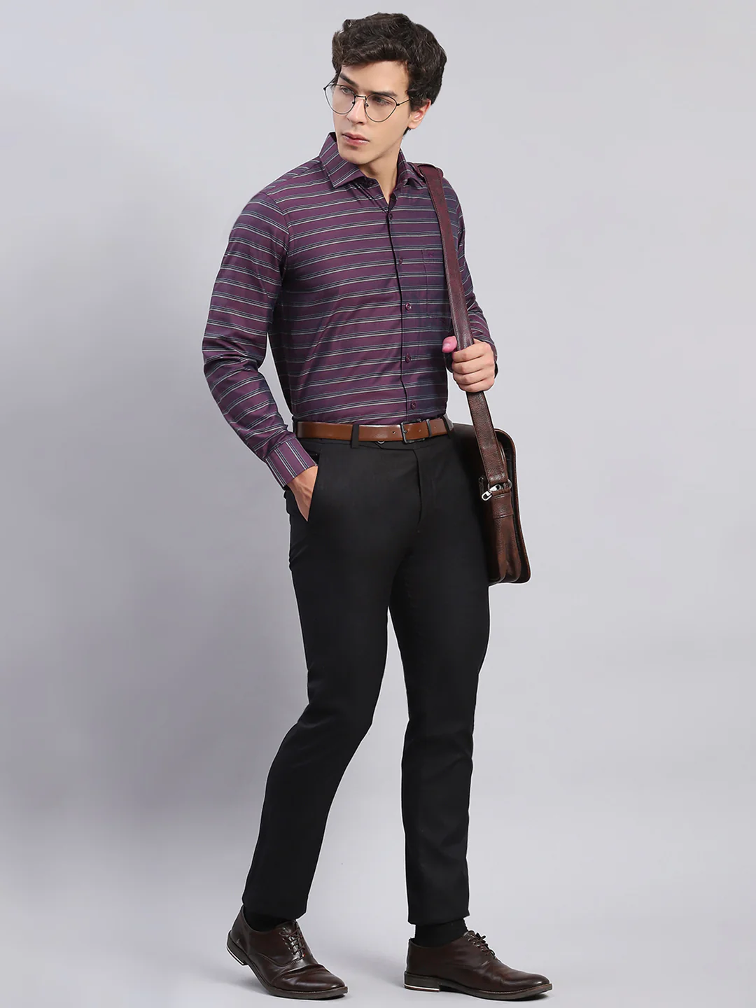 Men Maroon Stripe Spread Collar Full Sleeve Shirts - Image 2