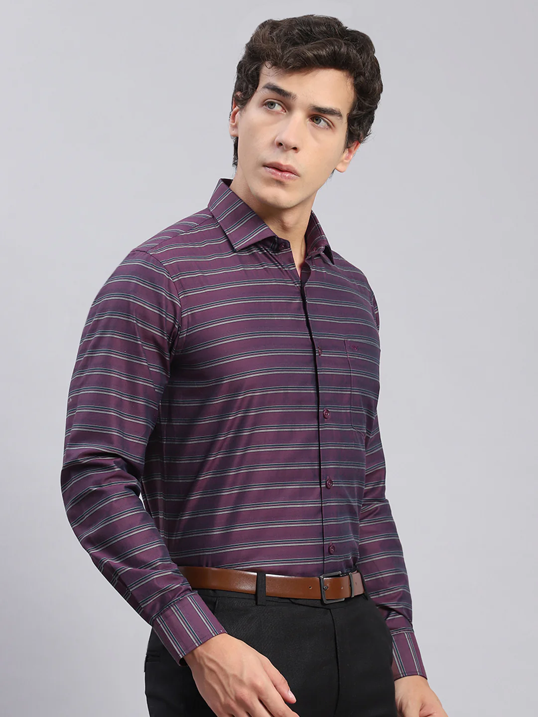 Men Maroon Stripe Spread Collar Full Sleeve Shirts - Image 3
