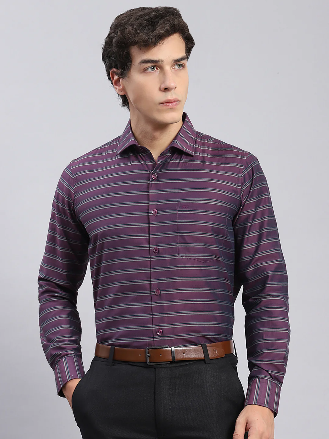Men Maroon Stripe Spread Collar Full Sleeve Shirts - Image 5