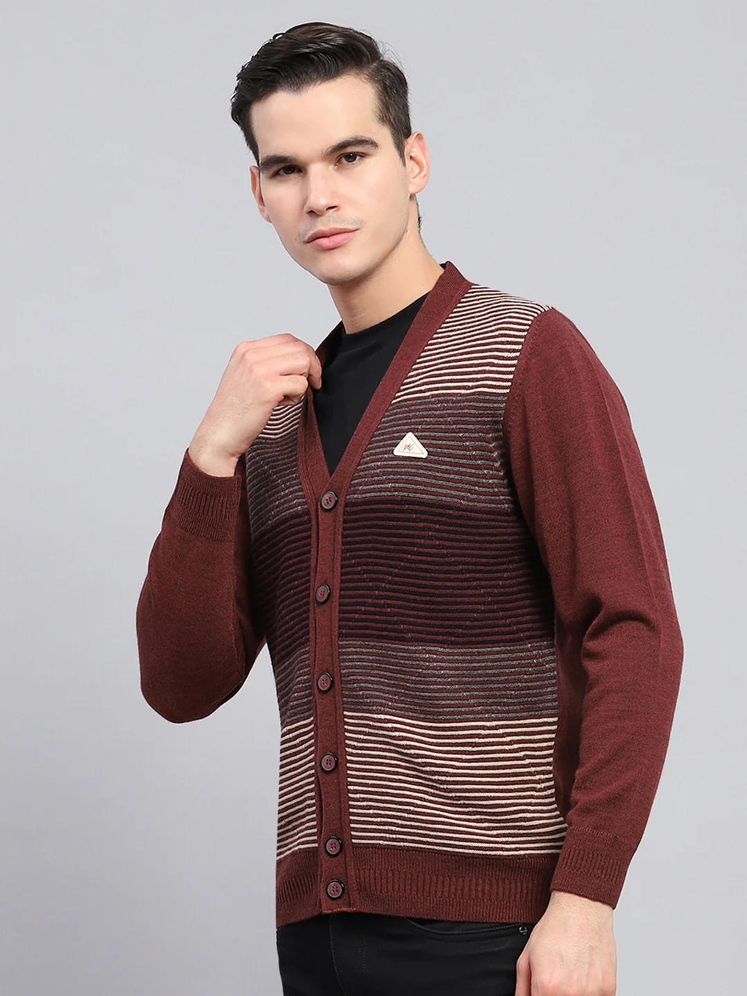 Men Maroon Stripe V Neck Full Sleeve Cardigan - Image 3