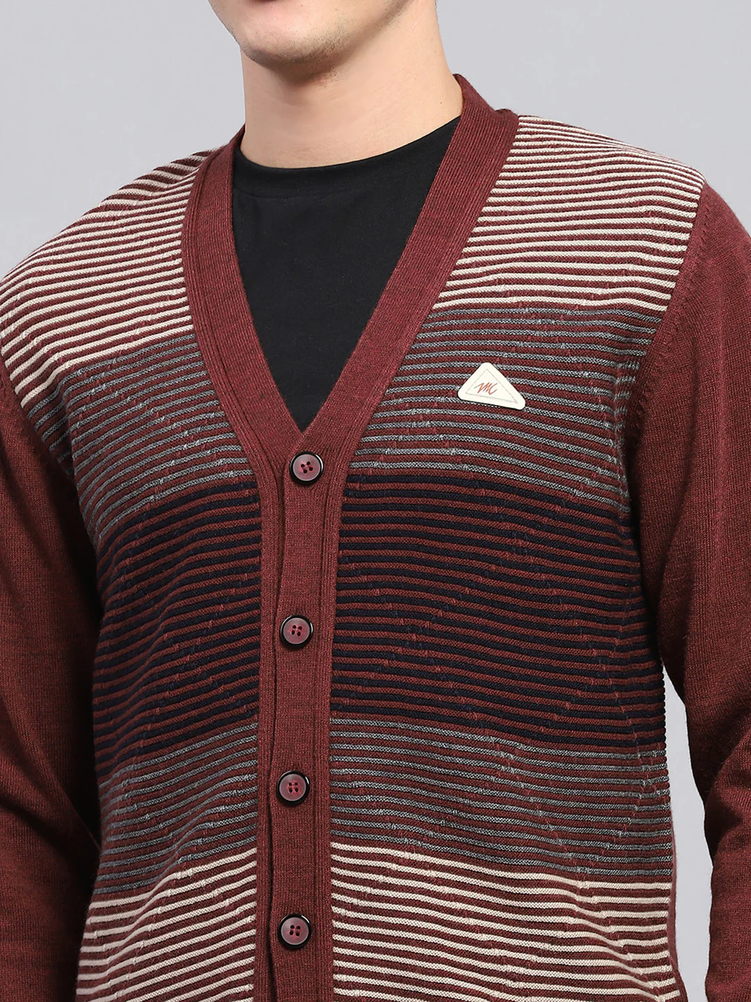 Men Maroon Stripe V Neck Full Sleeve Cardigan - Image 7