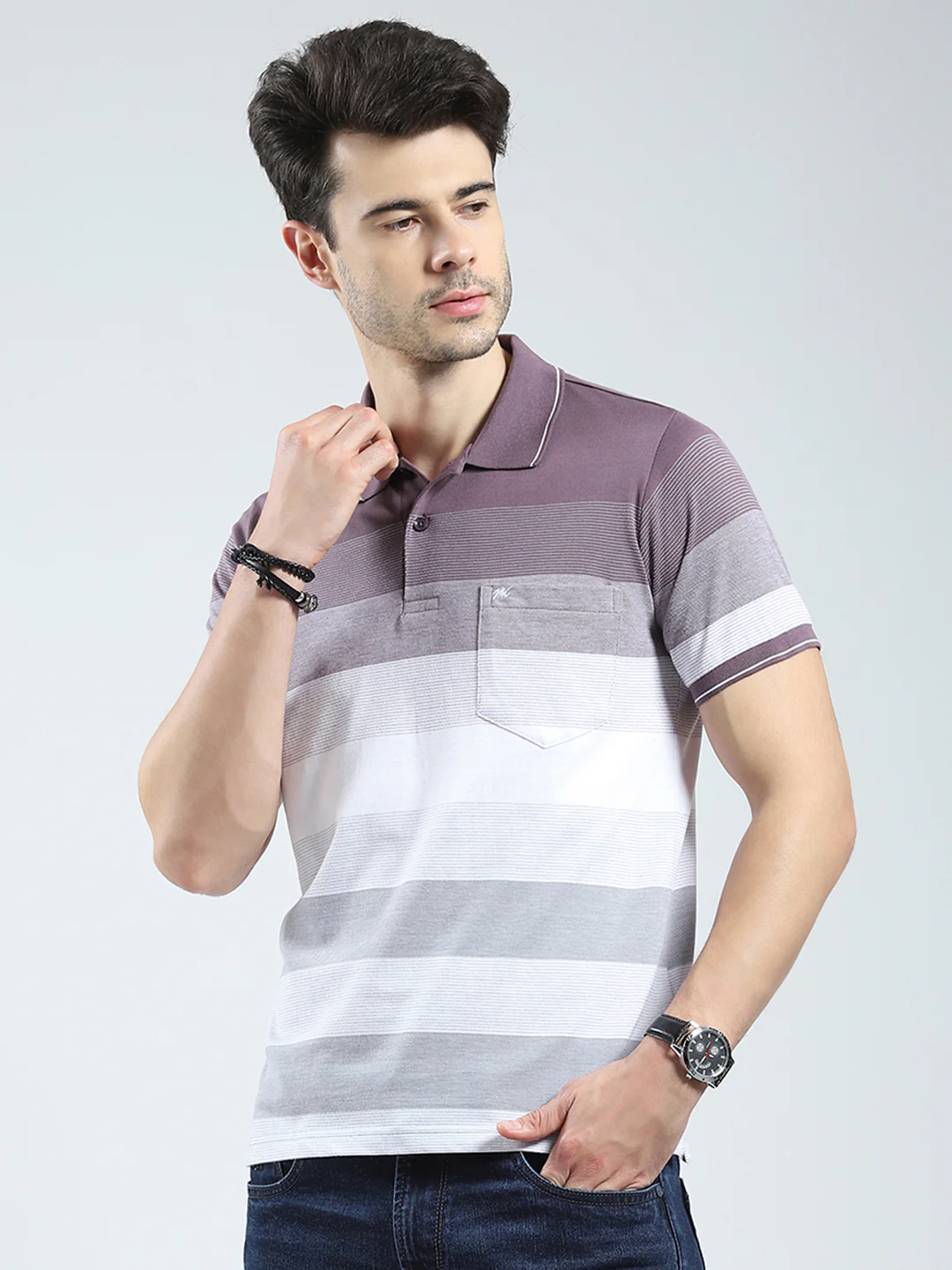 Men Mauve Stripe Collar Half Sleeve T-Shirt - Image 3