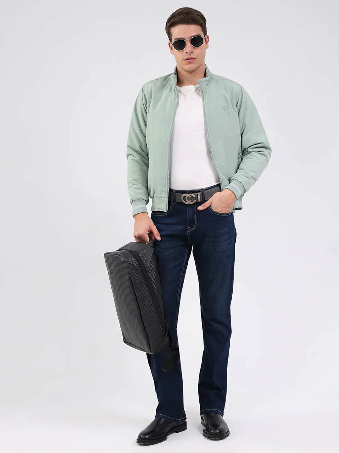 Men Mint Green Solid Mock Neck Full Sleeve Jacket - Image 2