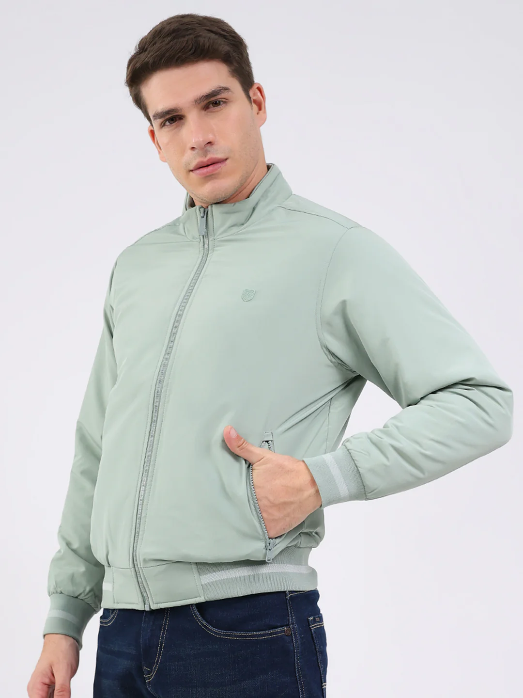 Men Mint Green Solid Mock Neck Full Sleeve Jacket - Image 3
