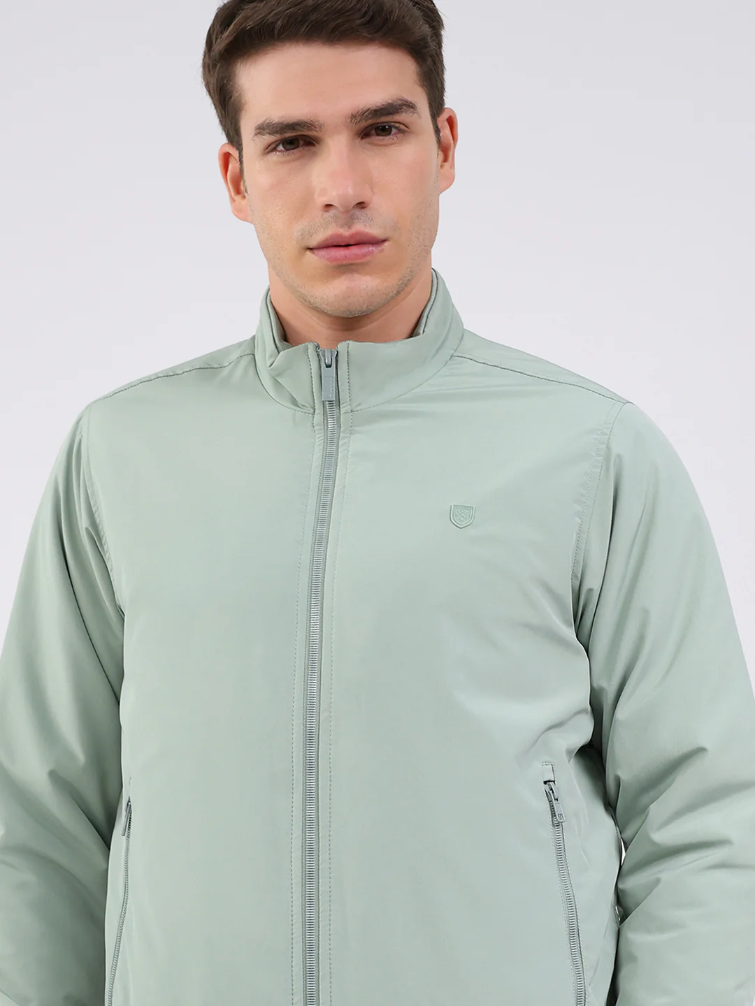 Men Mint Green Solid Mock Neck Full Sleeve Jacket - Image 6