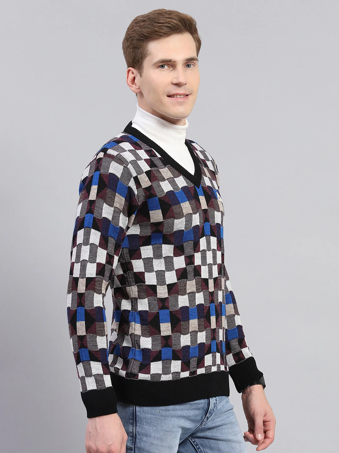Men Multicolor Check V Neck Full Sleeve Pullover - Image 4