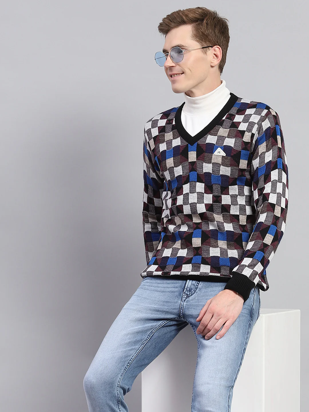 Men Multicolor Check V Neck Full Sleeve Pullover - Image 6