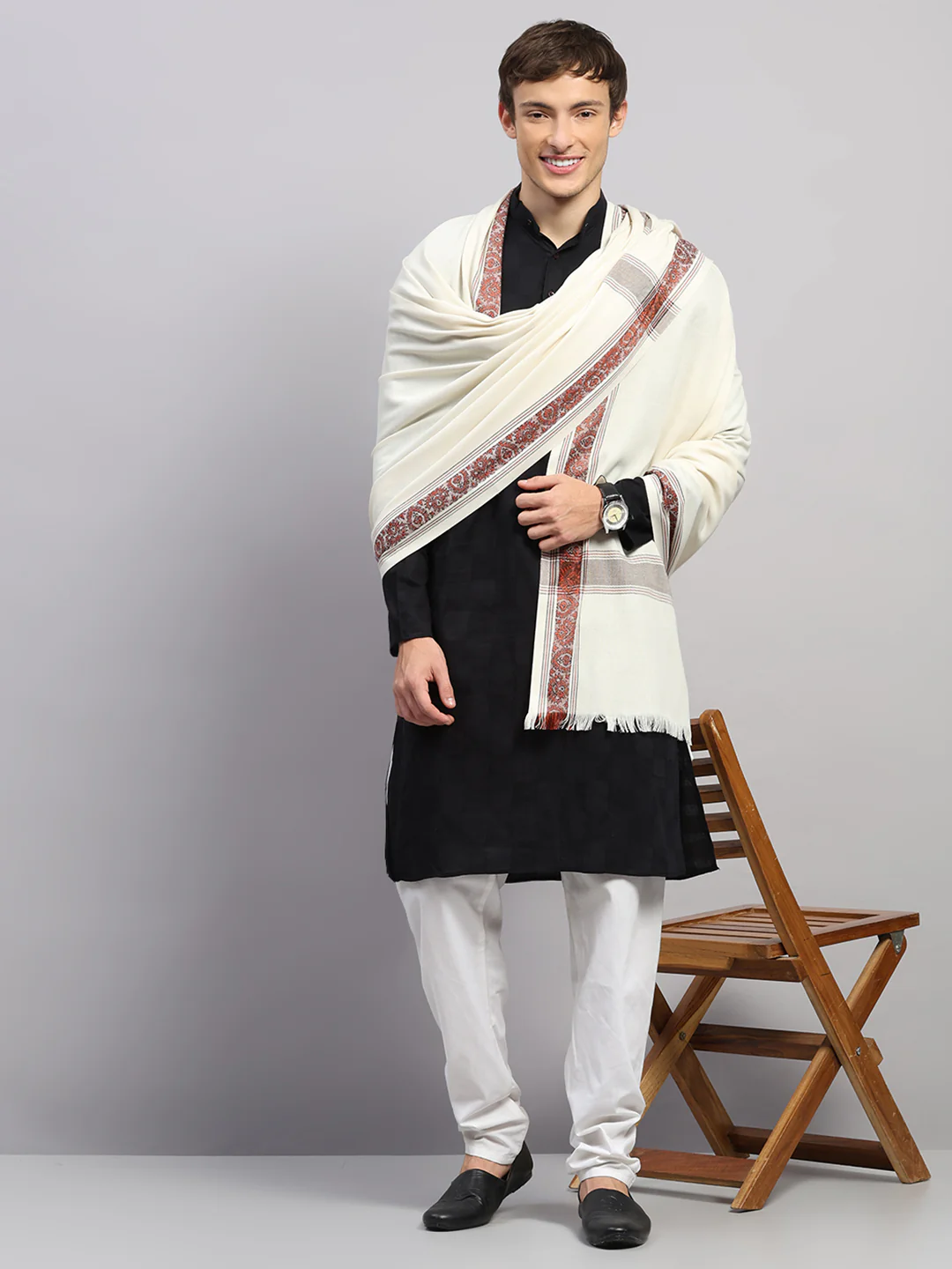 Men Multicolor Self Design Wool Lohi Shawl - Image 2