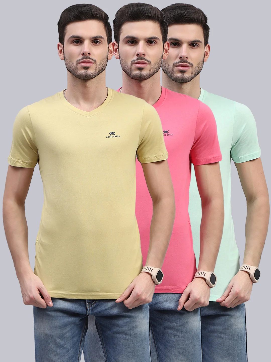 Men Multicolor Solid V Neck Half Sleeve T-Shirt (Pack of 3) - Image 2