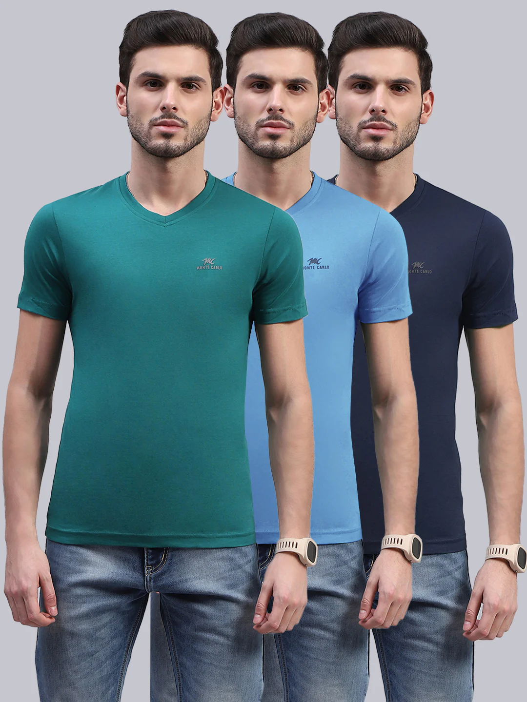 Men Multicolor Solid V Neck Half Sleeve T-Shirt (Pack of 3) - Image 2