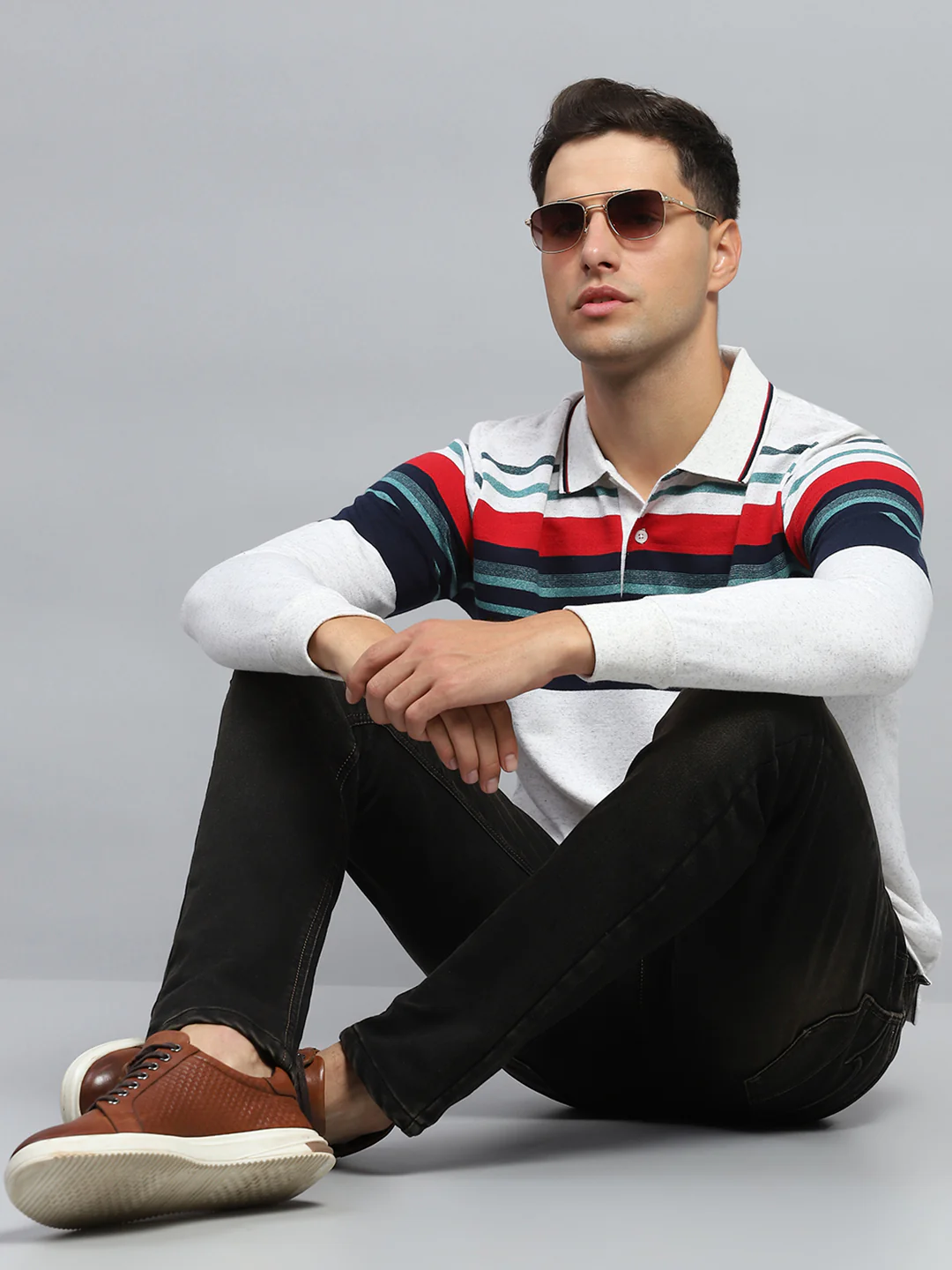 Men Multicolor Stripe Collar Full Sleeve Winter T-Shirt - Image 2