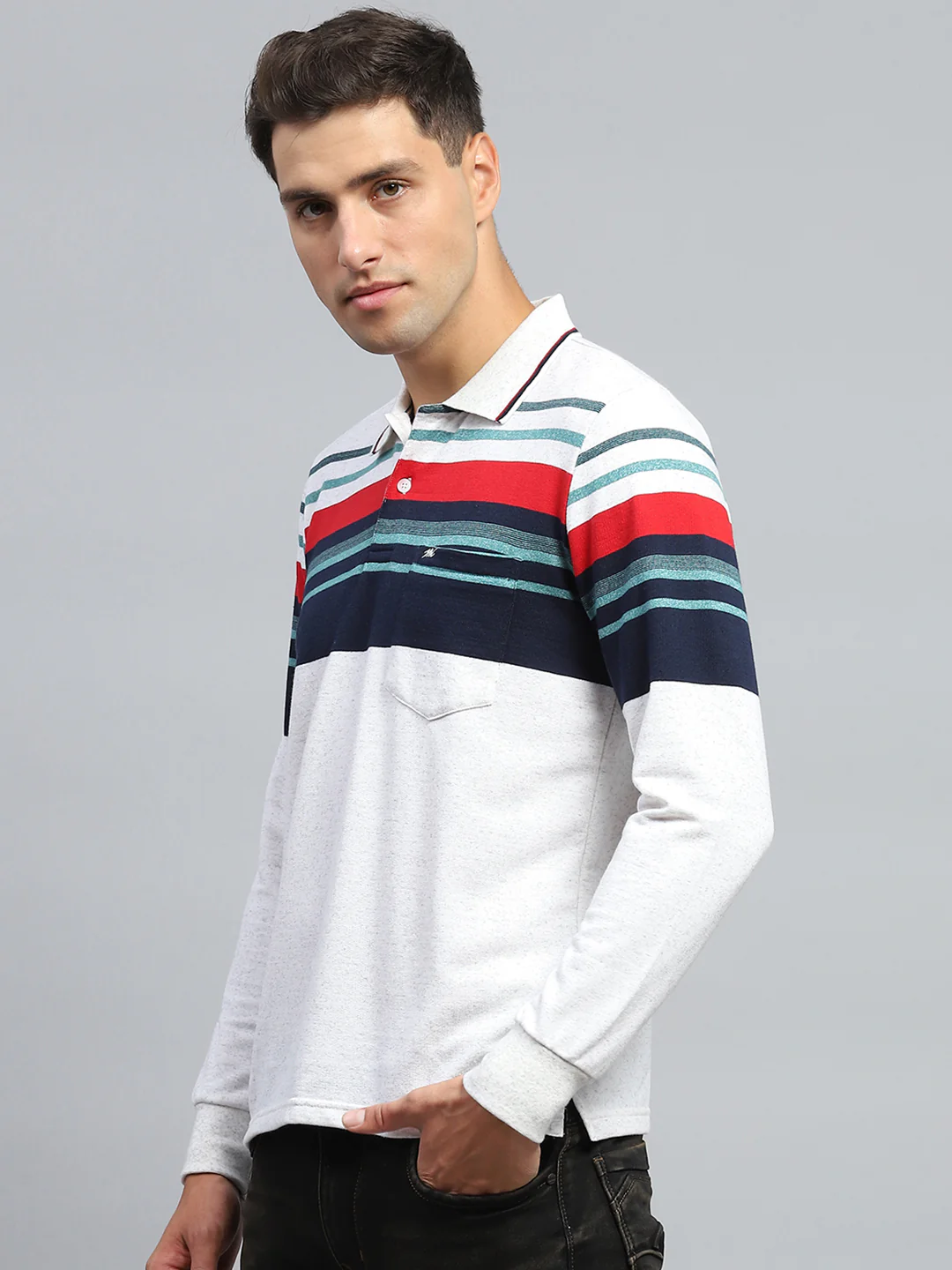 Men Multicolor Stripe Collar Full Sleeve Winter T-Shirt - Image 3