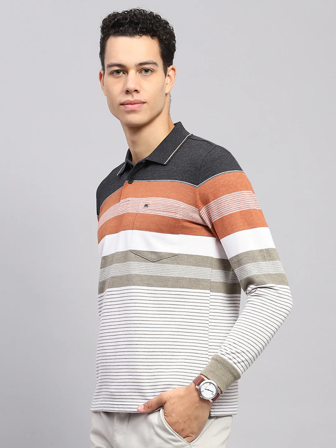 Men Multicolor Stripe Collar Full Sleeve Winter T-Shirt - Image 3