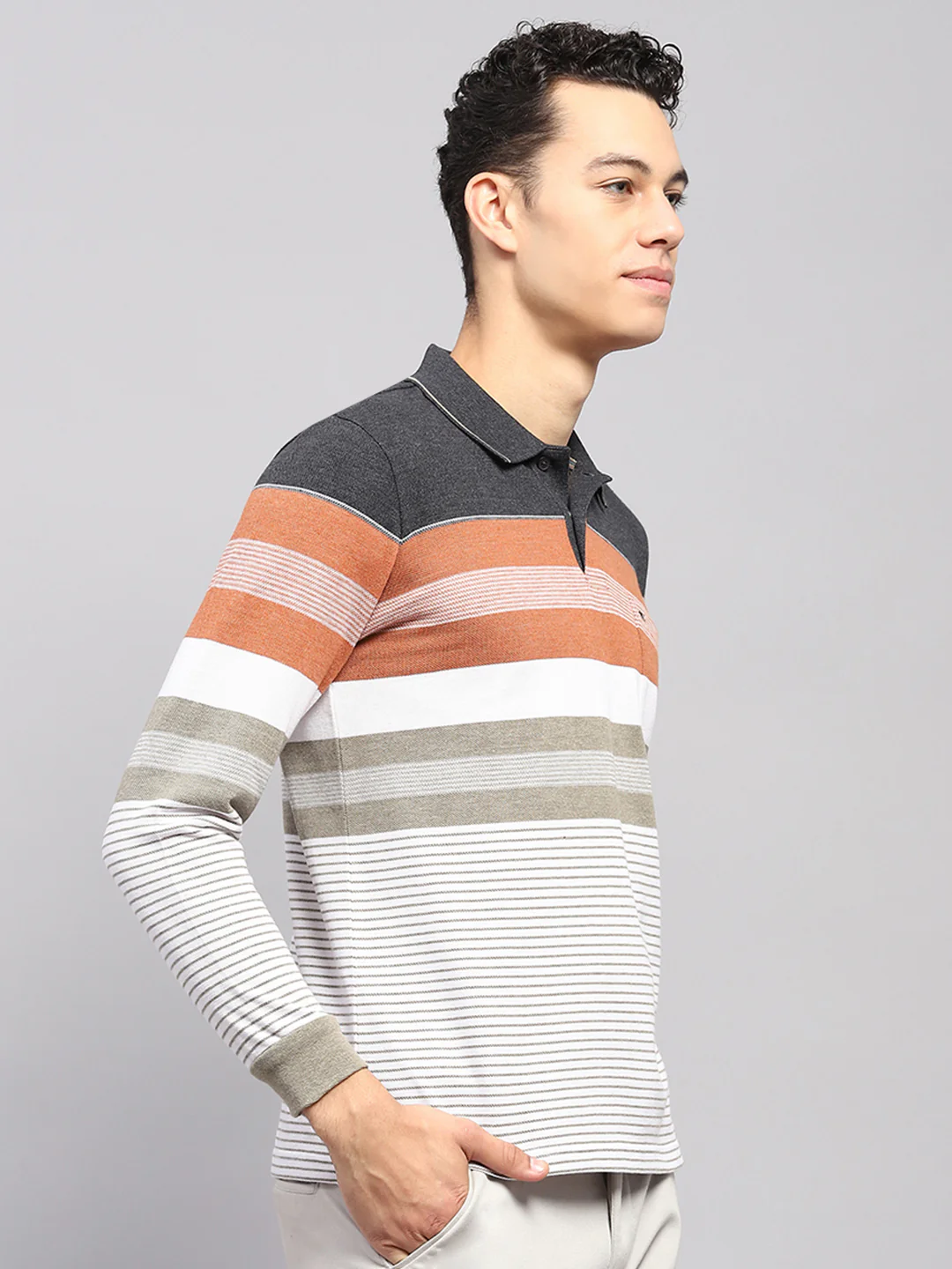 Men Multicolor Stripe Collar Full Sleeve Winter T-Shirt - Image 4