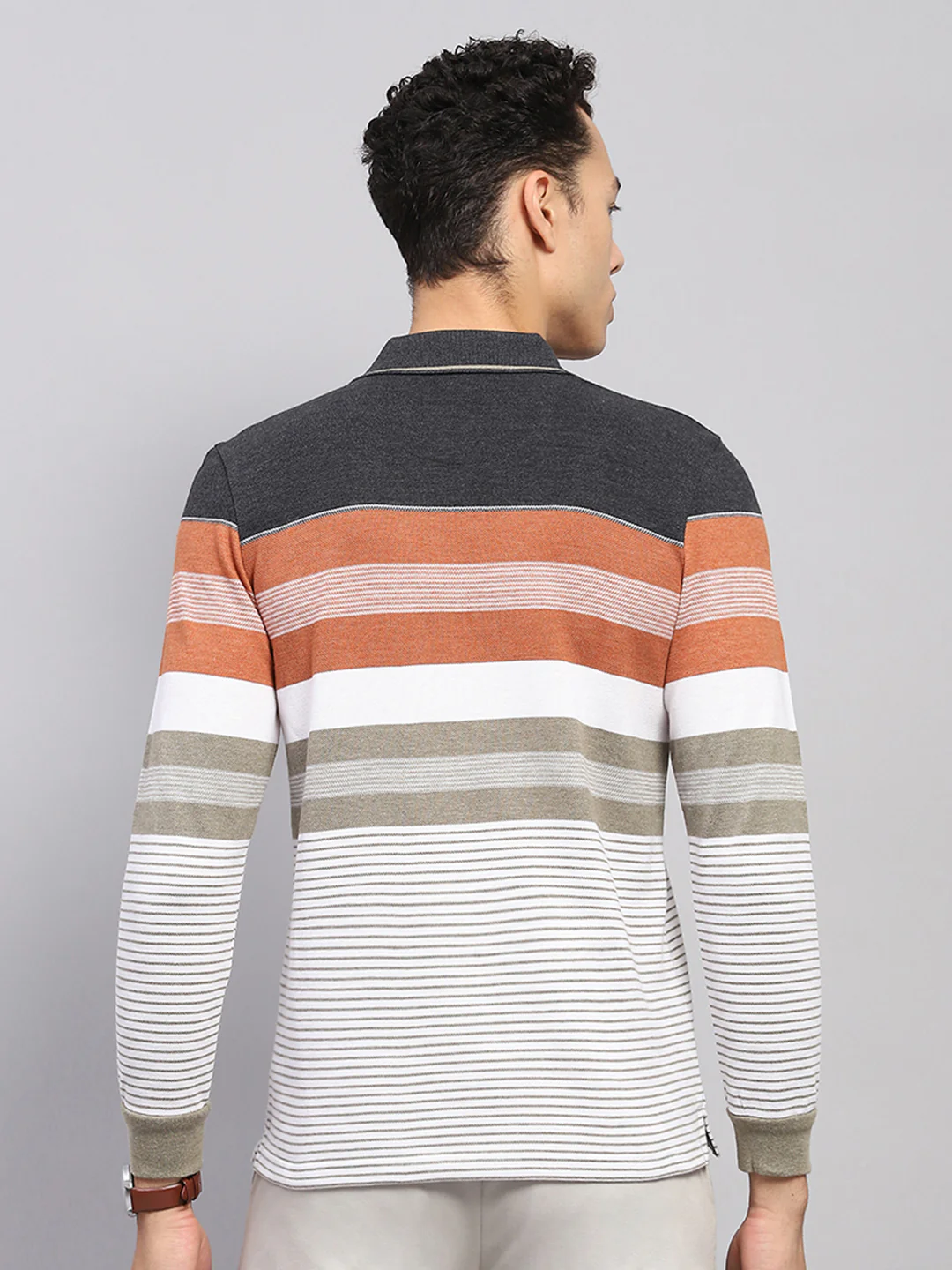 Men Multicolor Stripe Collar Full Sleeve Winter T-Shirt - Image 5