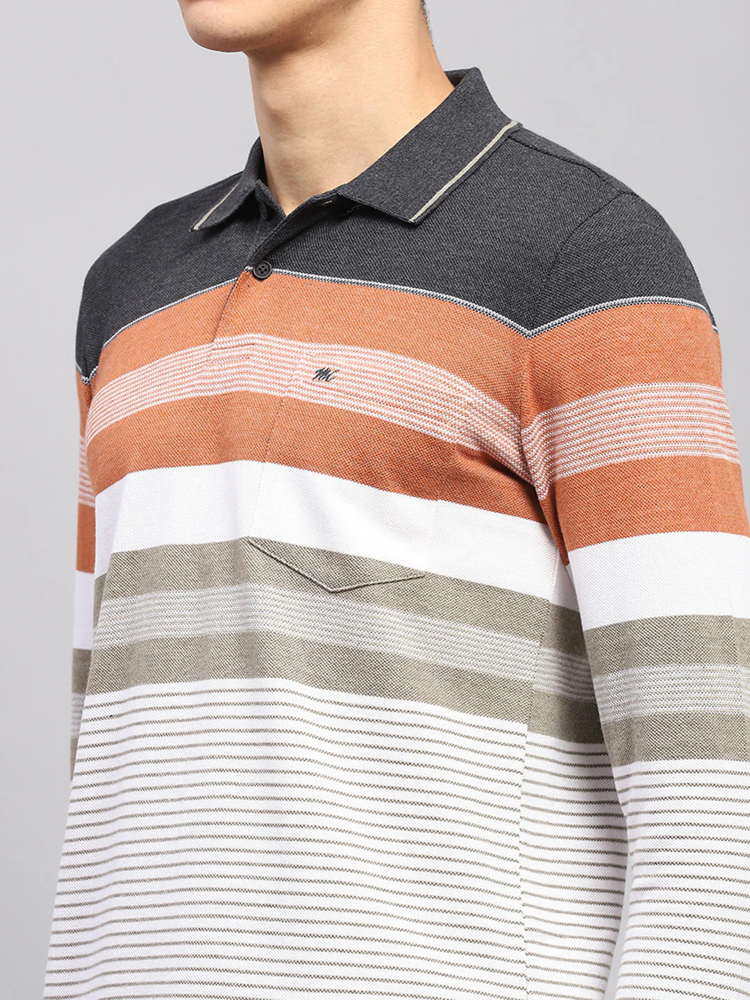 Men Multicolor Stripe Collar Full Sleeve Winter T-Shirt - Image 7